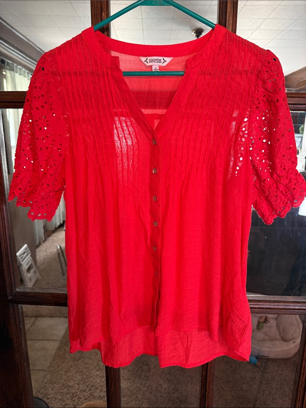 Nanette Lepore Red Eyelet Sleeve Pintuck Button Front Blouse Medium Boho Top